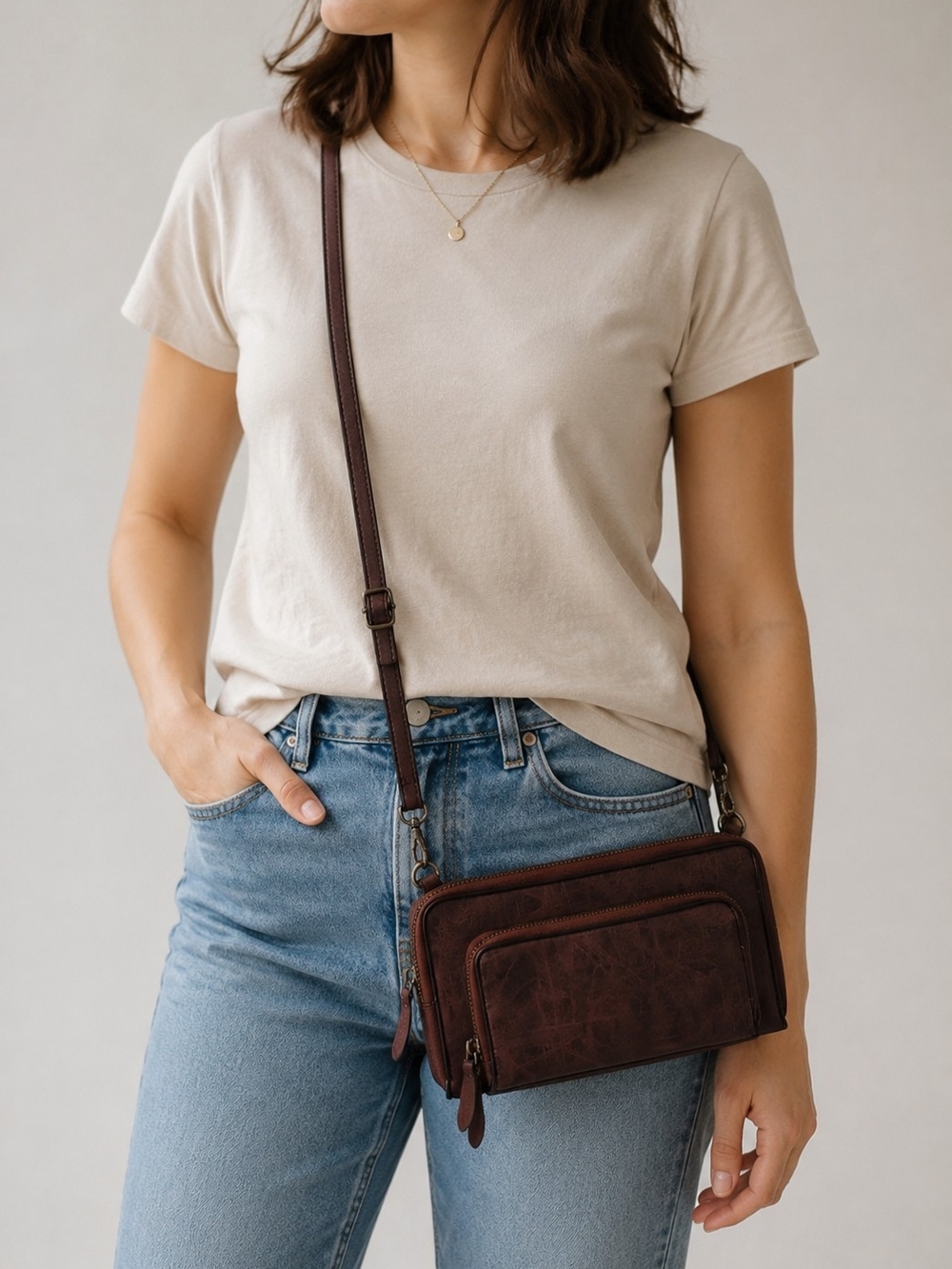 Joy Susan Brown Leather Crossbody Bag Clutch